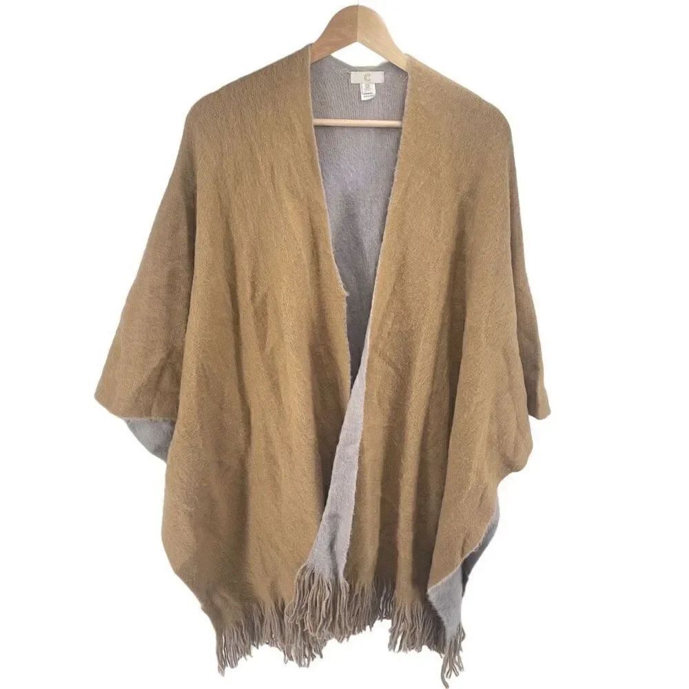 Charming Charlie Womens Poncho Shawl Cardigan Fringe Acrylic Tan One Size